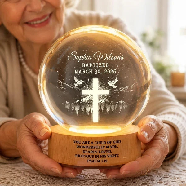 Personalized Globe Lamp with Cross & Doves Gift for Child, Nursery Decor