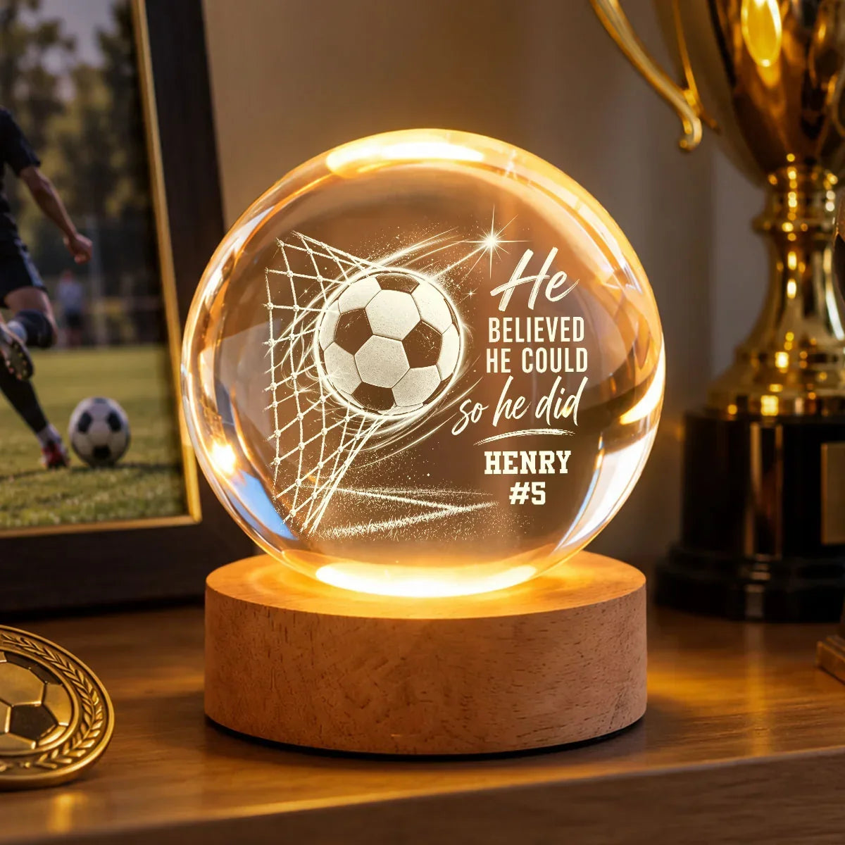 Personalized Globe Lamp with Soccer Ball Motivational Quote Gift for Soccer Player