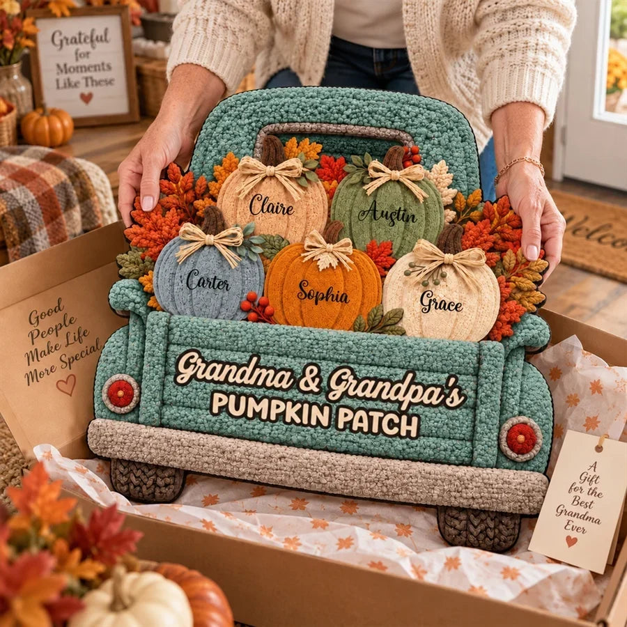 Personalized Autumn Pumpkin Truck Doormat Gift for Grandma and Grandpa
