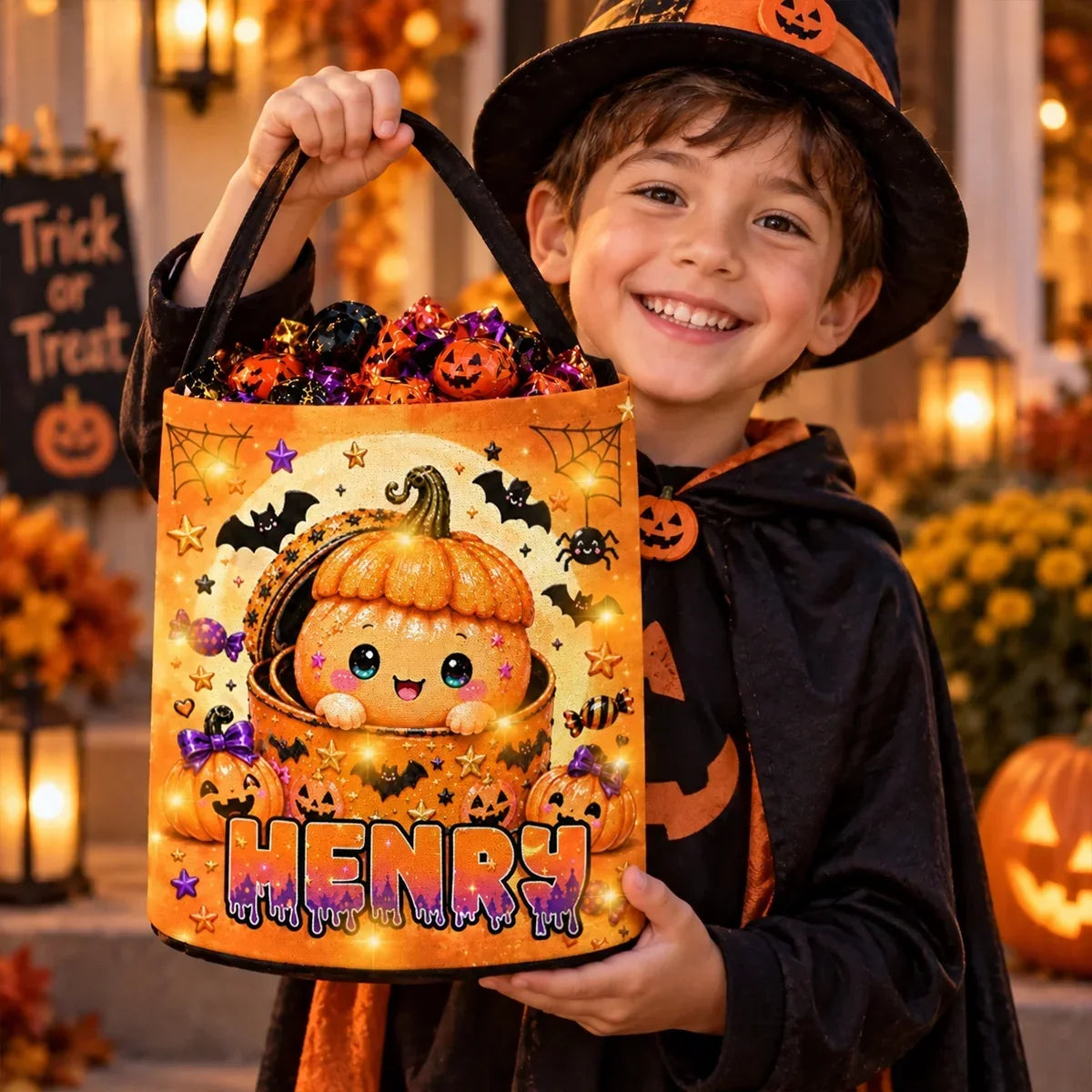 Personalized LED Light Up Pumpkin Treat Basket for Kids Halloween