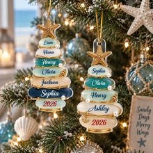 Load image into Gallery viewer, Personalized Coastal Acrylic Ornament with Christmas Tree &amp; Starfish Family Gift
