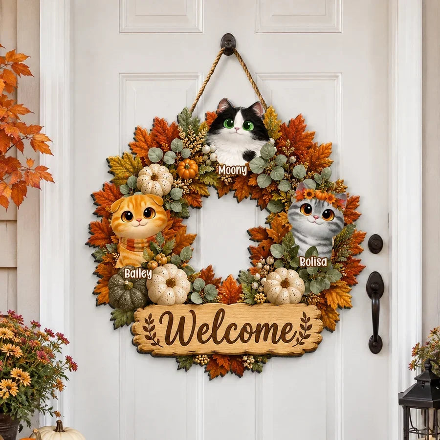 Personalized Wooden Welcome Sign with Cats for Pet Owners
