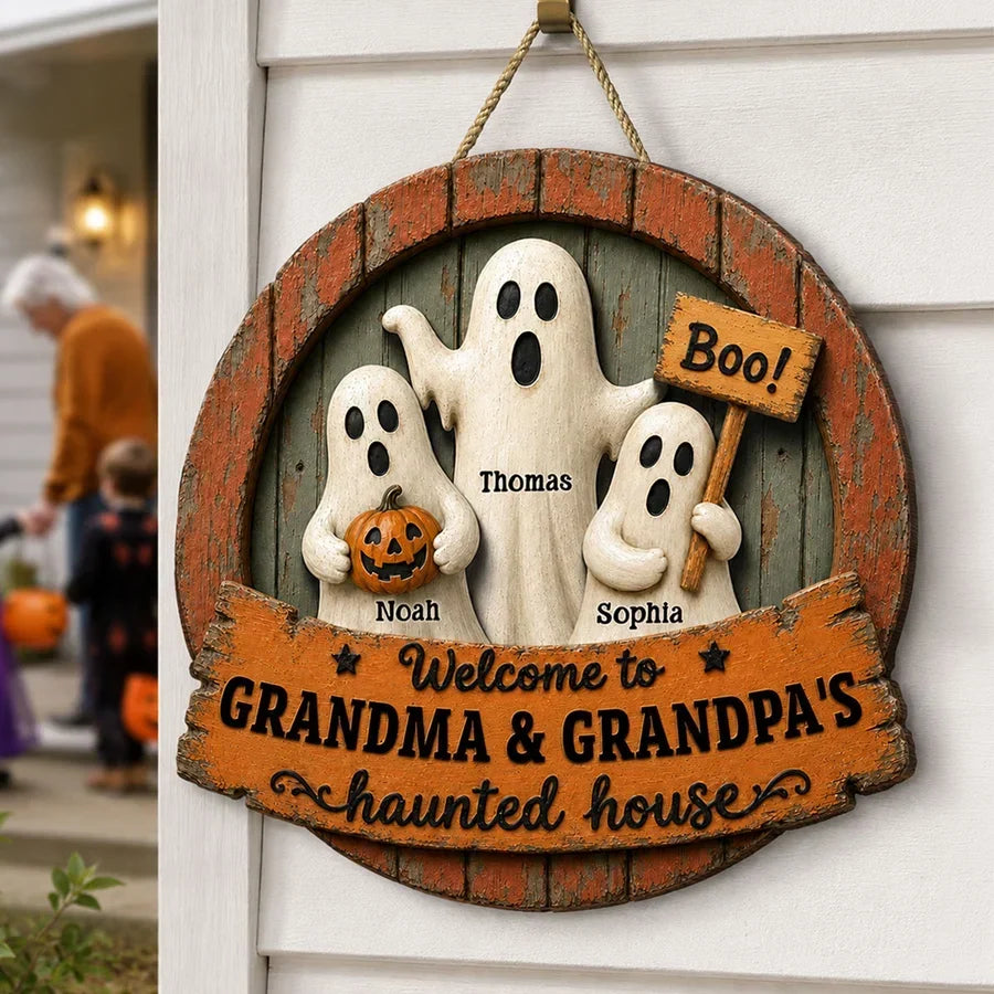 Personalized Wooden Halloween Sign with Ghosts & Pumpkin Gift for Grandma and Grandpa