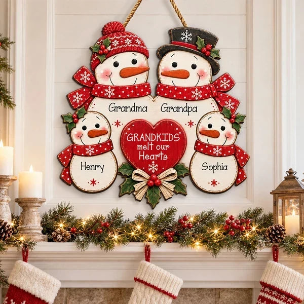 Personalized Christmas Wooden Sign for Grandma & Grandpa Snowman Family Decor