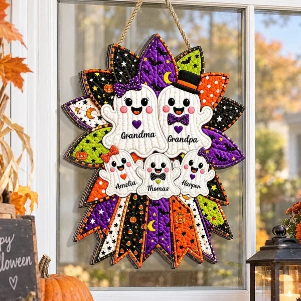 Personalized Wooden Halloween Sign with Cheerful Ghosts Gift for Grandparents