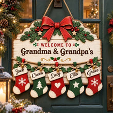 Load image into Gallery viewer, Personalized Wooden Family Sign with Stockings Rustic Decor Gift for Grandparents
