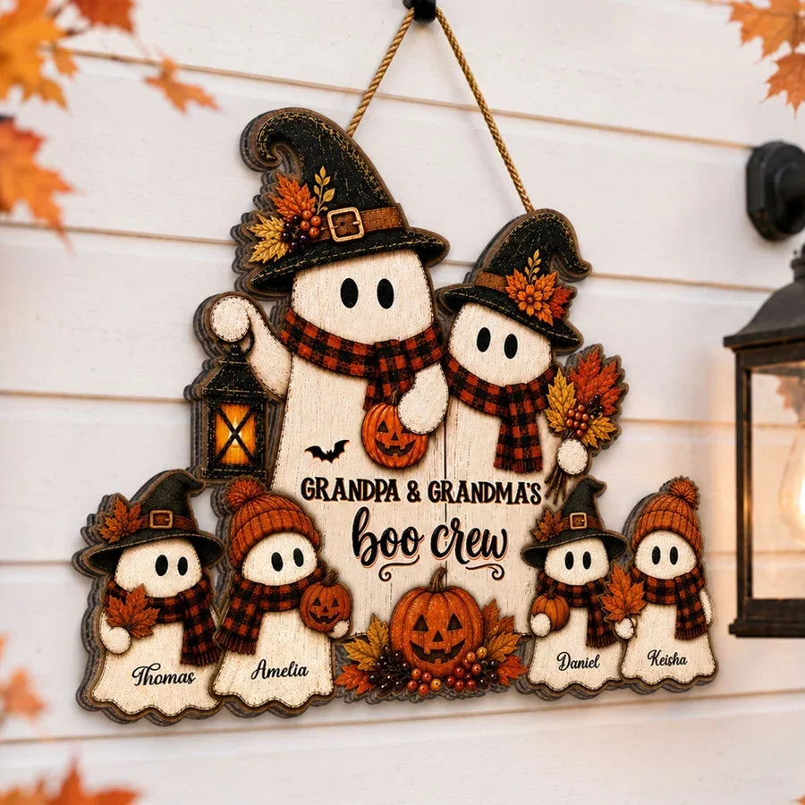 Personalized Wooden Halloween Sign for Grandma & Grandpa's Boo Crew Family Decor