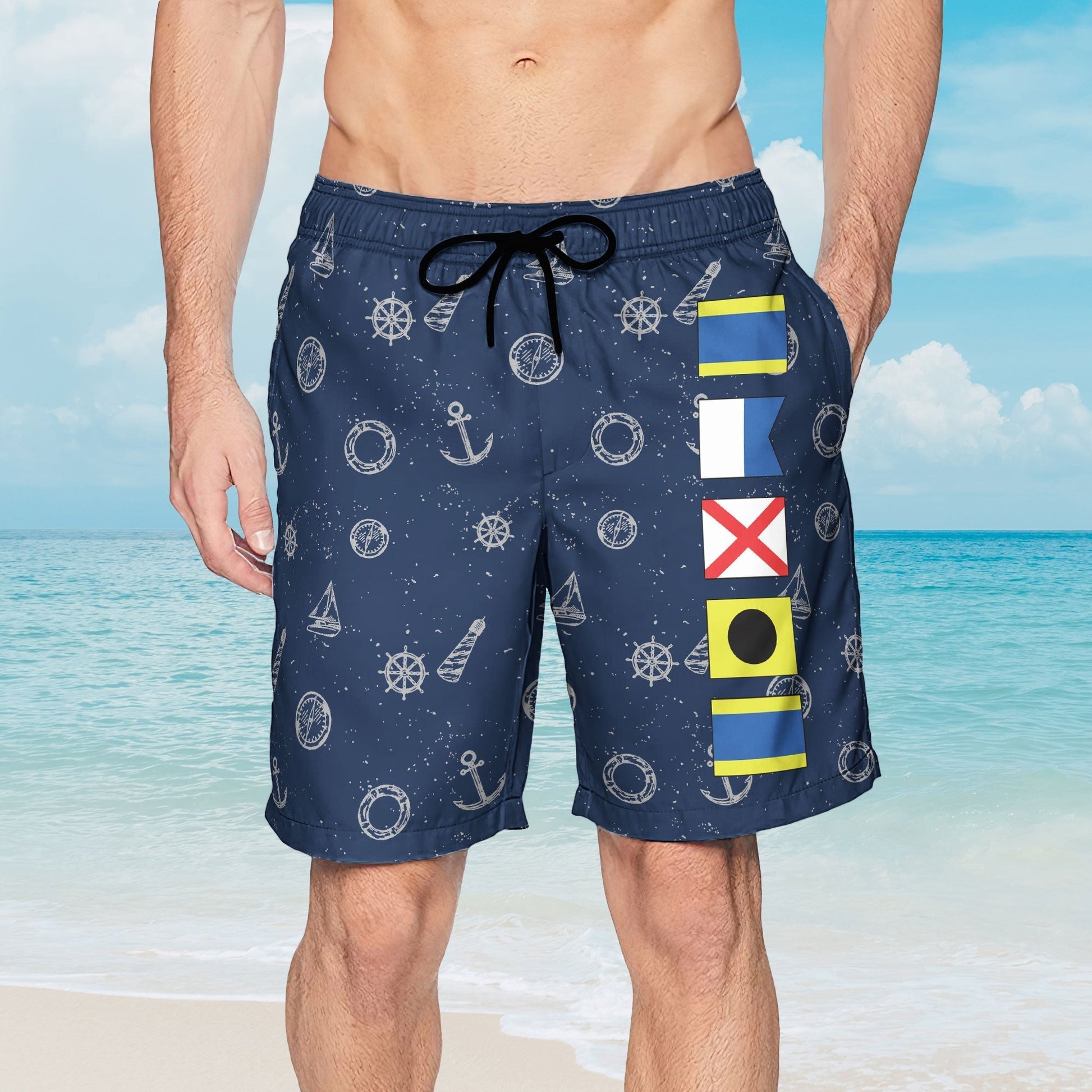 Nautical Pattern Men's Swim Trunks with Drawstring - Beachwear Beachwear MagicInPrints