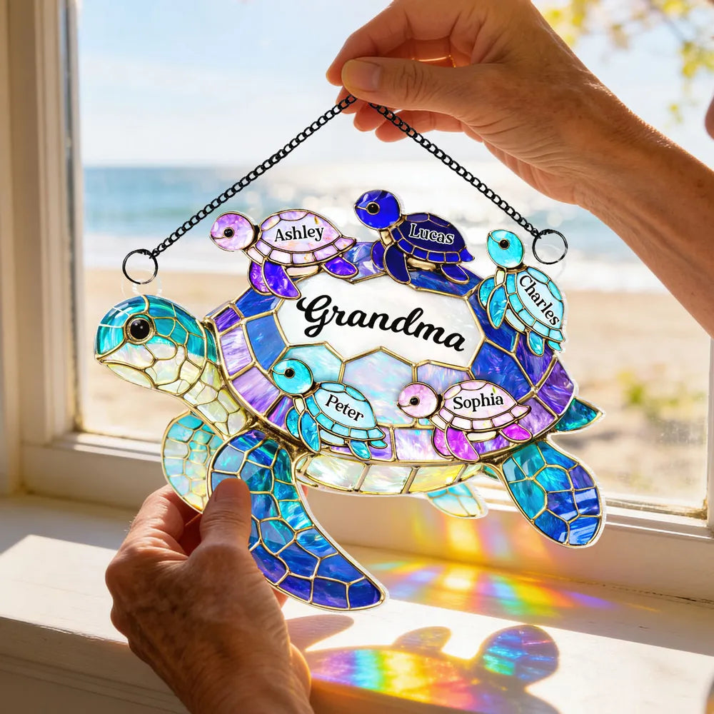 Personalized Stained Glass Turtle Sun Catcher for Grandma - Family Gift Ornament MagicInPrints
