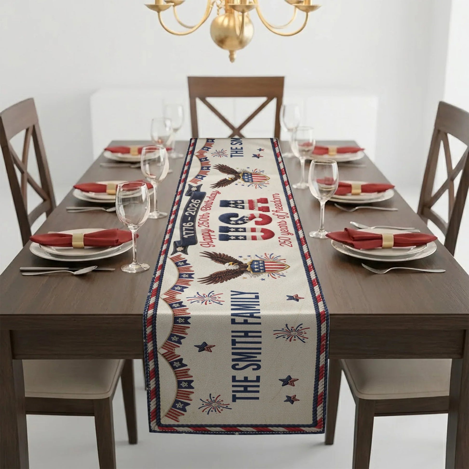 Personalized Patriotic Table Runner for Families - USA 250th Birthday Celebration Kitchen Supplies MagicInPrints
