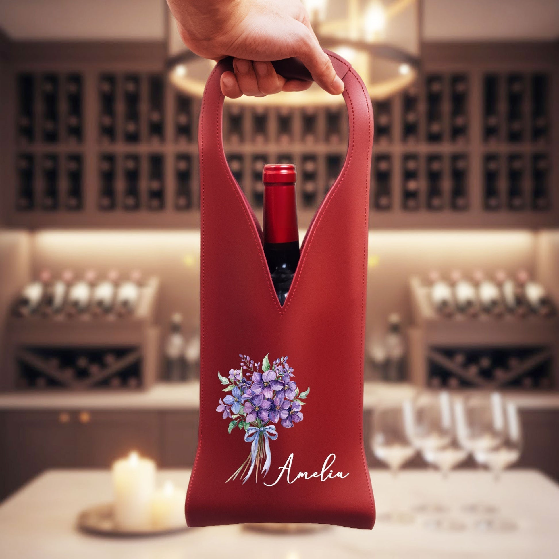 Personalized Leather Wine Bag for Her - Custom Floral Design Gift Bag MagicInPrints