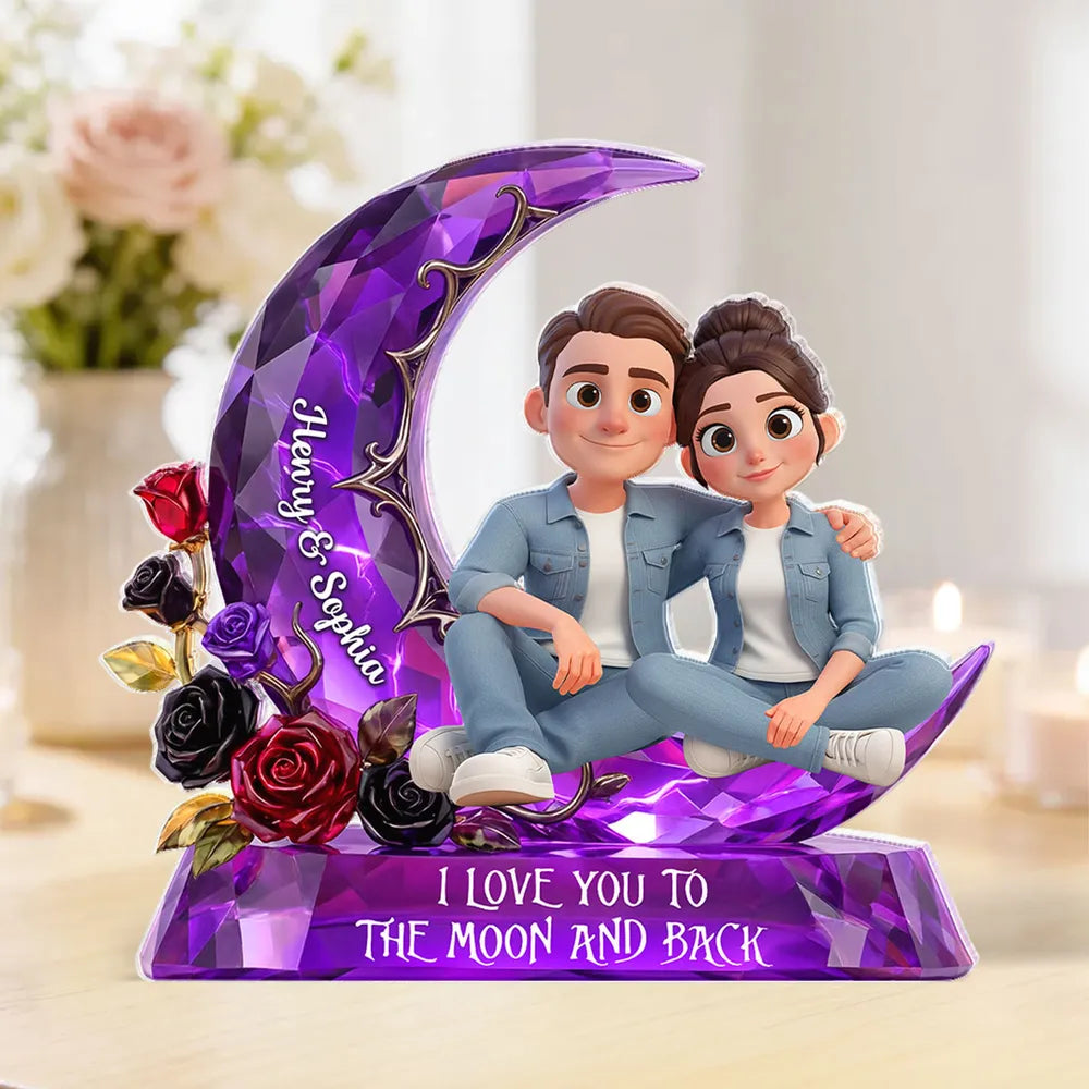 Personalized Romantic Couple Figurine with Moon and Roses - Anniversary Gift Plaque MagicInPrints