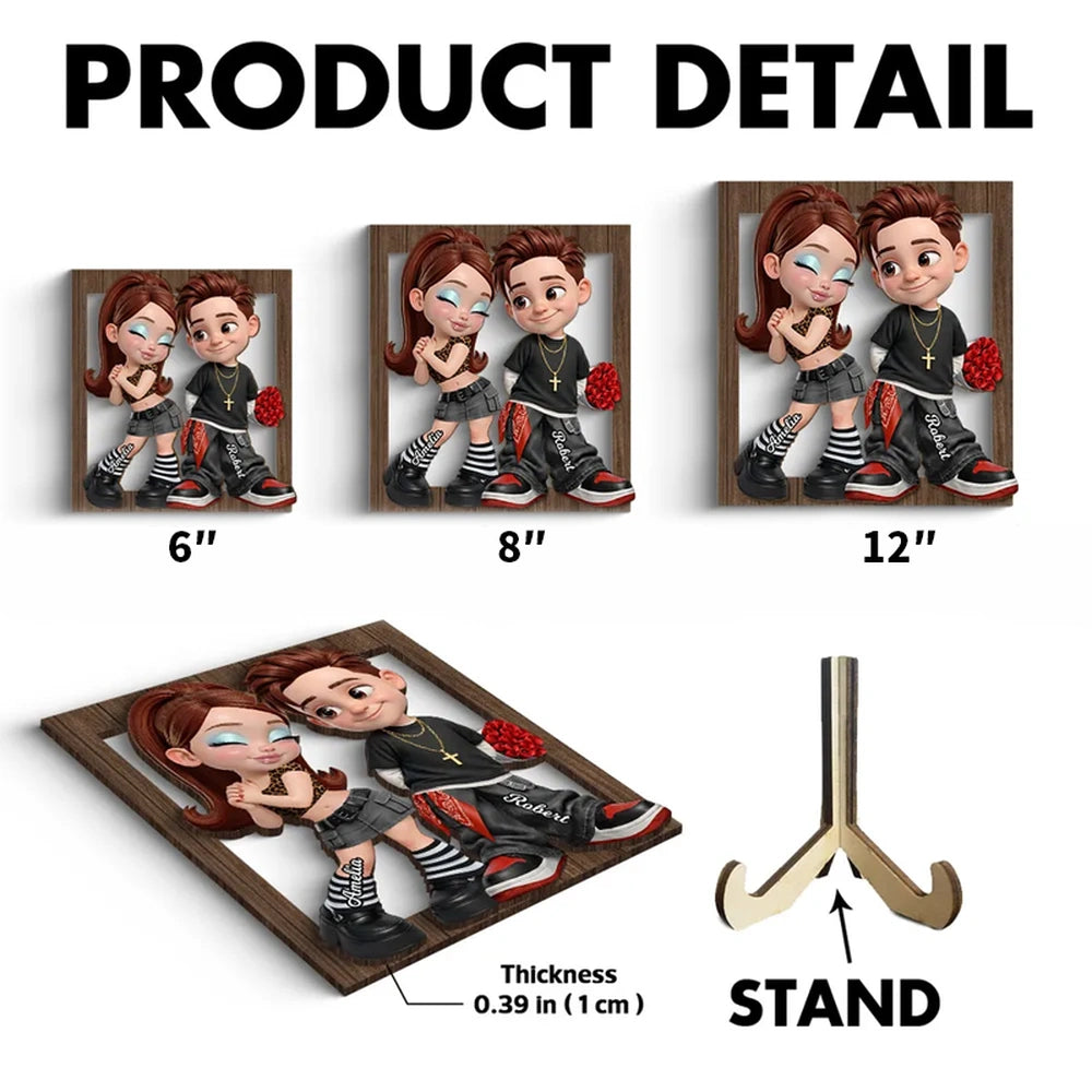 Custom Cartoon Couple Wooden Frame for Romantic Gift - Personalized Names Plaque MagicInPrints