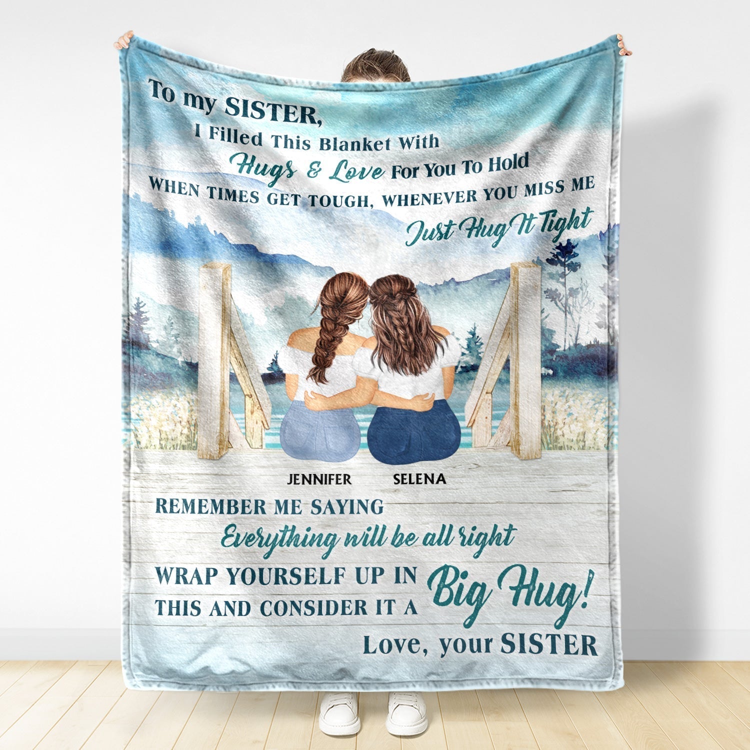 Personalized Sister Blanket for Women with Hugs & Love Message - Sentimental Gift Pillow or Blanket MagicInPrints