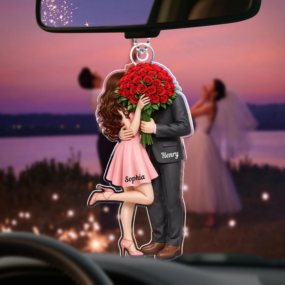 Personalized Couple Car Ornament with Names and Roses - Romantic Gift for Weddings Car Hanger MagicInPrints