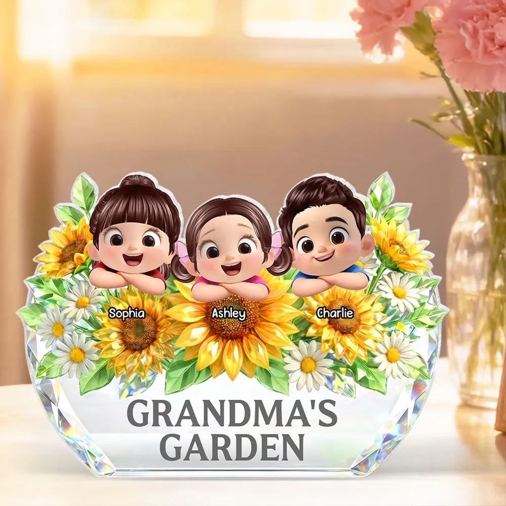 Personalized Crystal Keepsake for Grandma - Custom Cartoon Kids with Sunflowers Plaque MagicInPrints