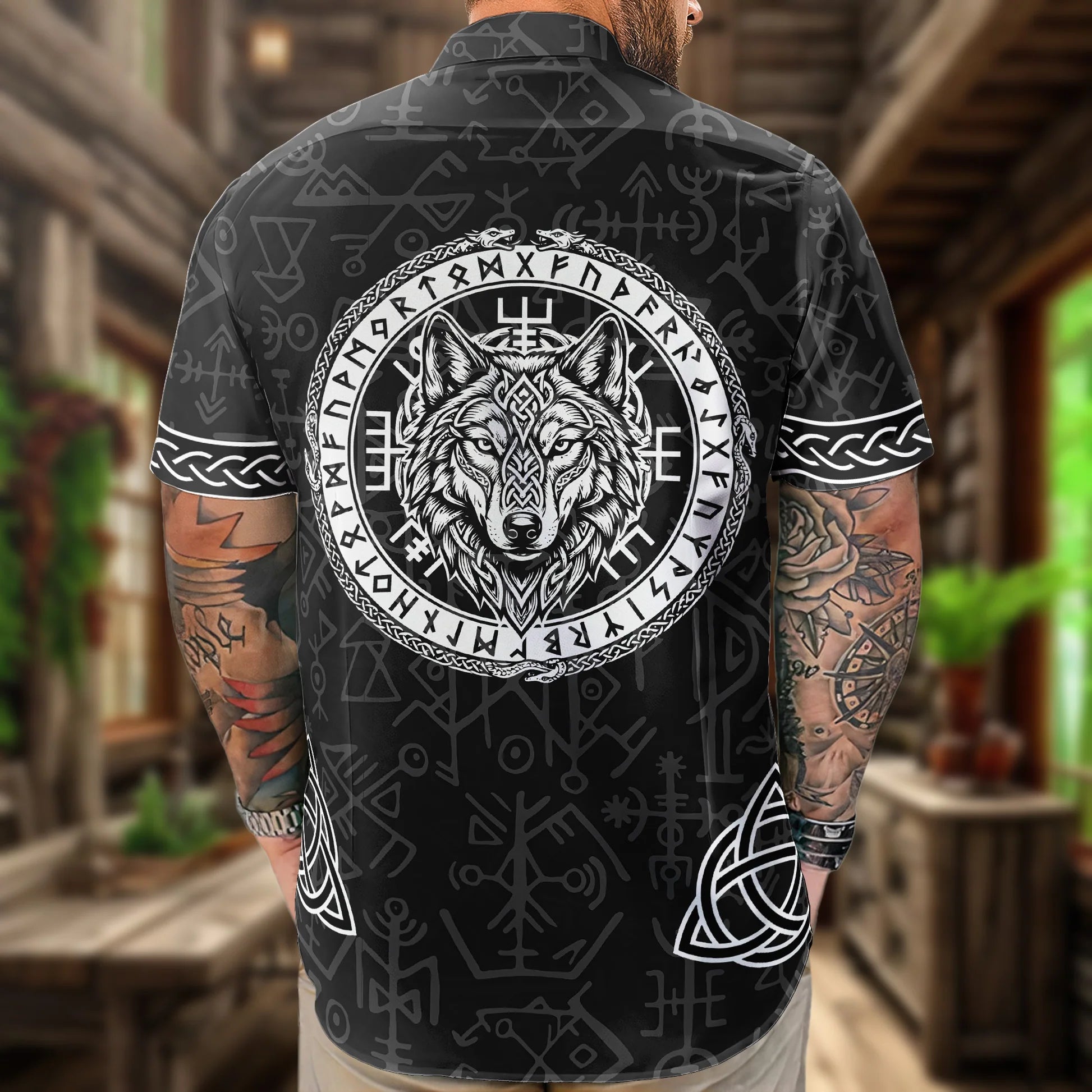 Viking Wolf Symbol Men's Button-Up Shirt - Casual Nordic Style Cloth MagicInPrints