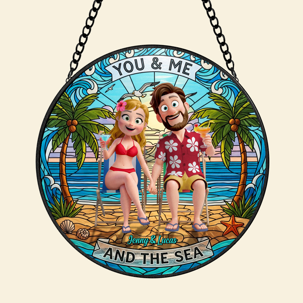 Happy Couple At Beach Stained Glass Suncatcher, Personalized Gifts For Couple 02qhtn160725hg Ornament MagicInPrints