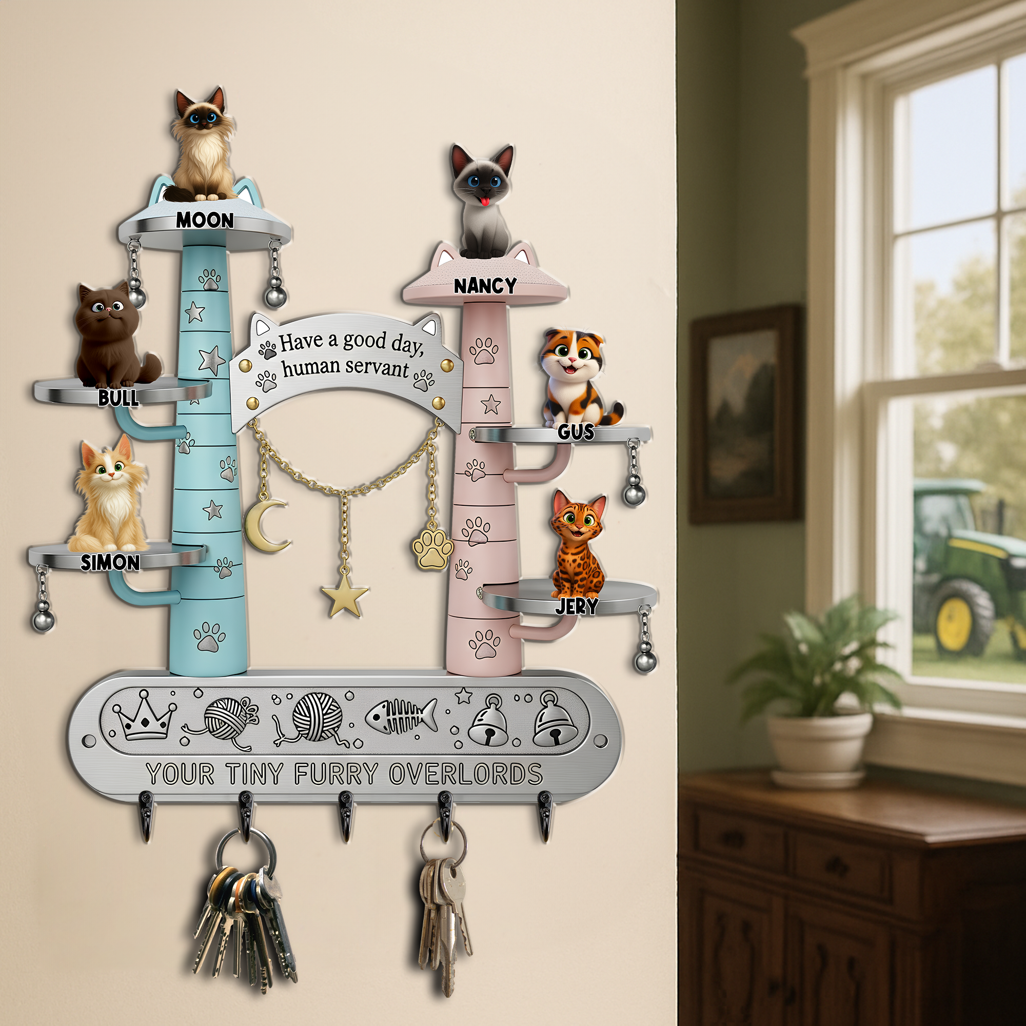 “Have a good day, human servant” - Tiny Fluffy Cat Wood Key Hanger, Personalized Gift for Cat Lovers Wood Sign MagicInPrints