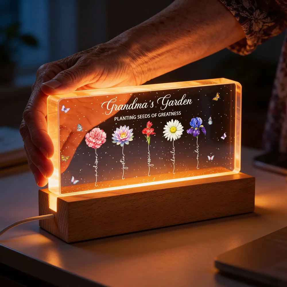 Personalized LED Acrylic Night Light for Grandma - Floral Garden Design Plaque MagicInPrints