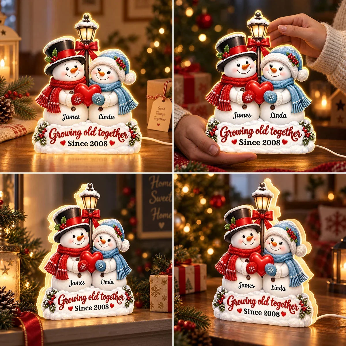Personalized Acrylic Light Box Custom Snowmen Heart Gift for Couple