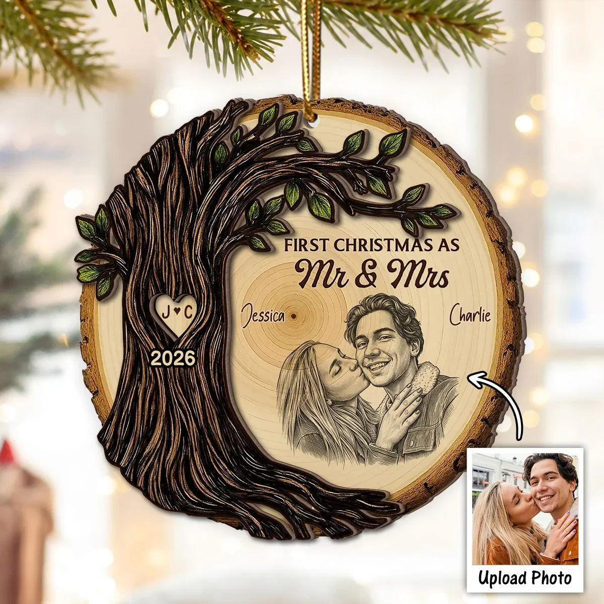 Personalized 2-Layer Wooden Ornament First Christmas Gift for Couples