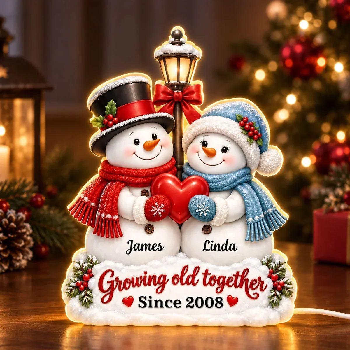 Personalized Acrylic Light Box Custom Snowmen Heart Gift for Couple