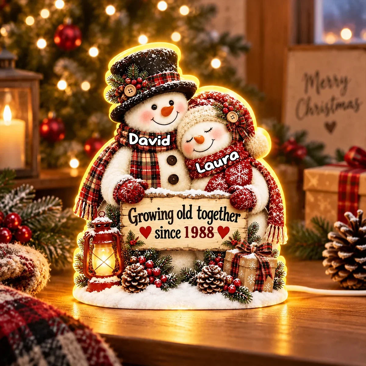 Personalized Acrylic Light Box Hugging Snowman Gift for Couple