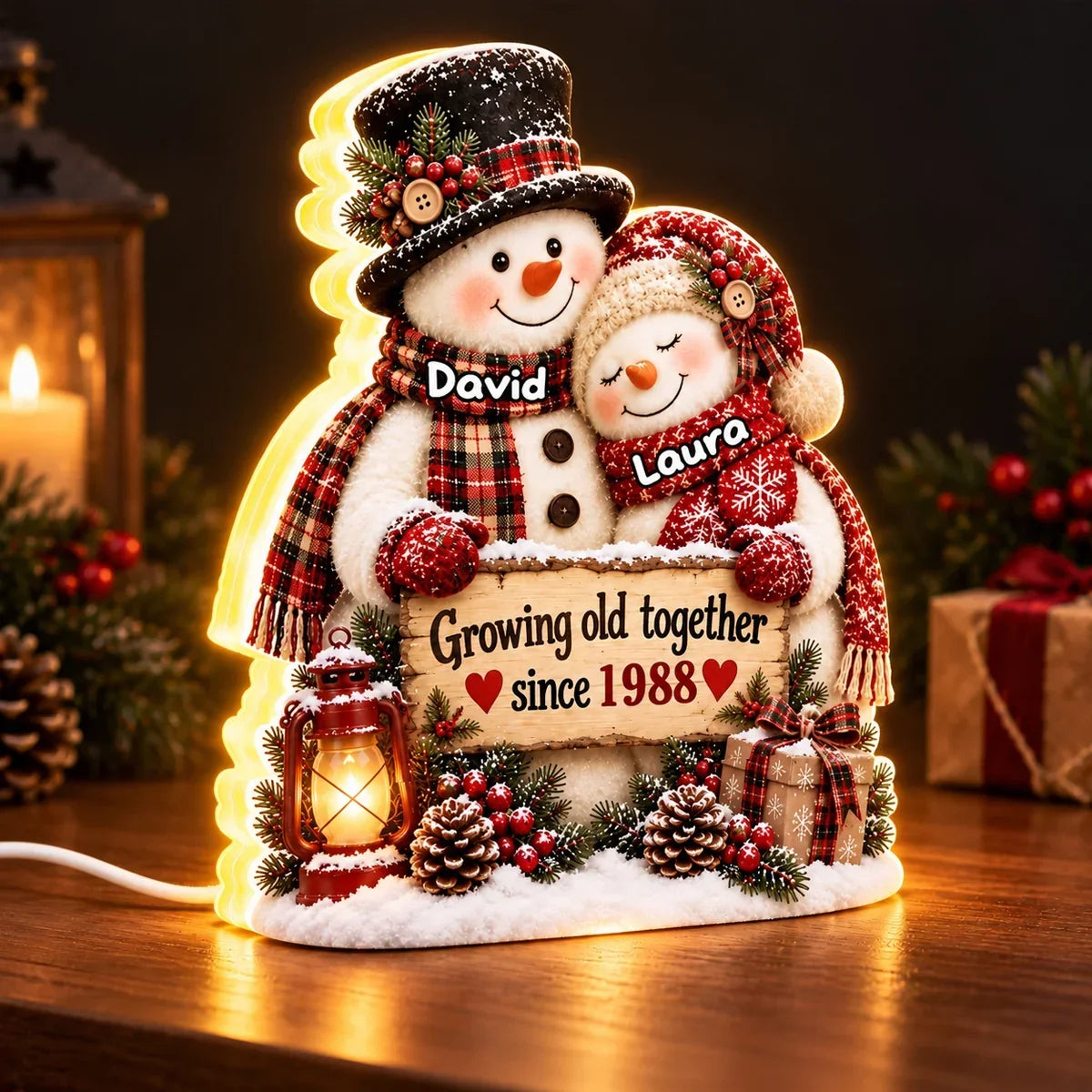 Personalized Acrylic Light Box Hugging Snowman Gift for Couple