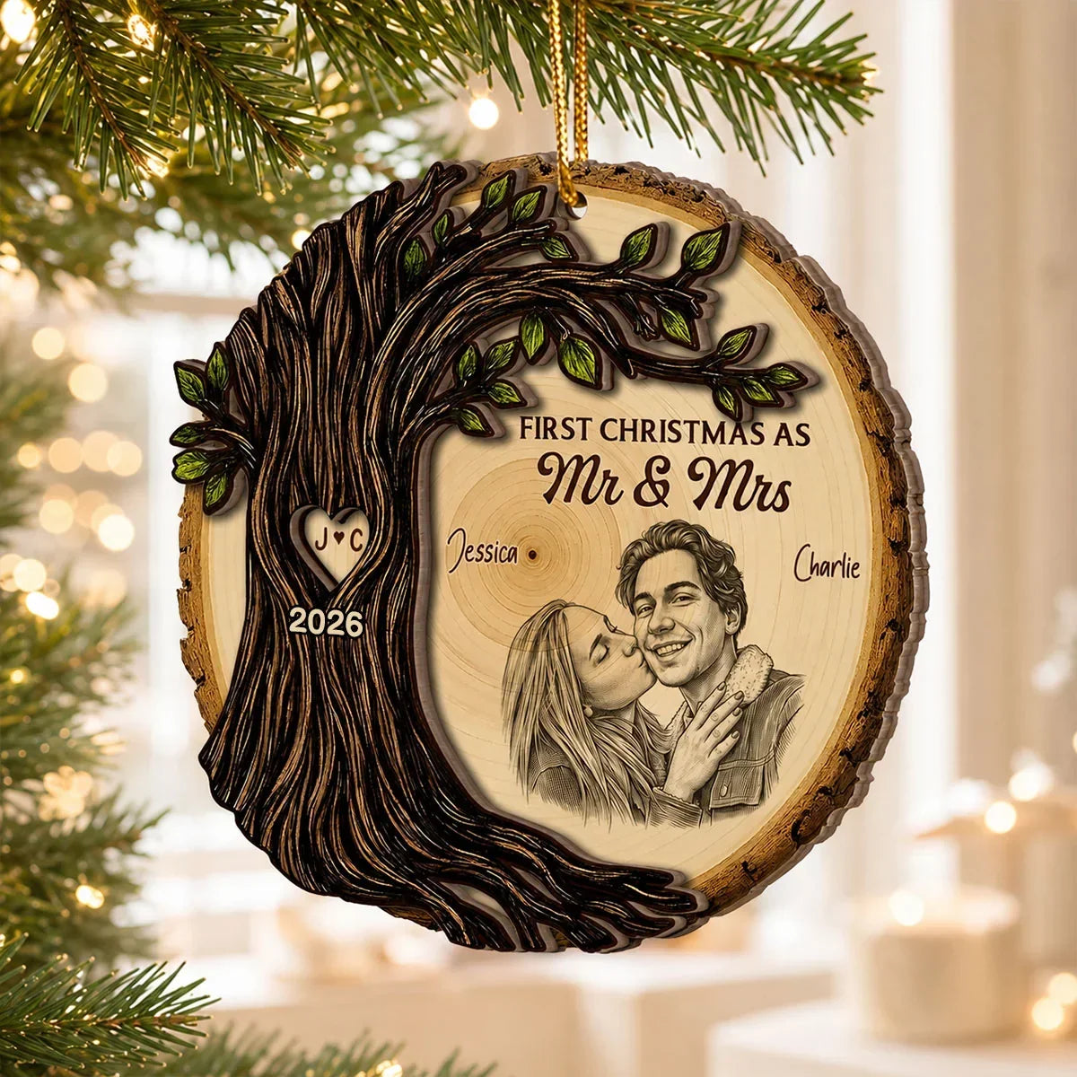 Personalized 2-Layer Wooden Ornament First Christmas Gift for Couples