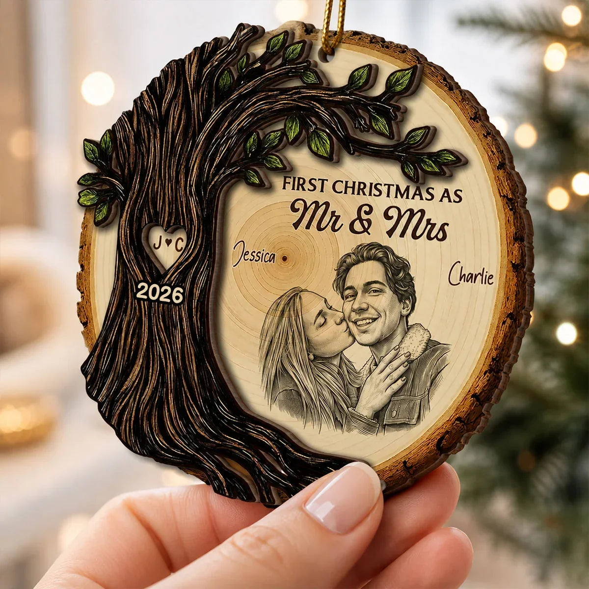 Personalized 2-Layer Wooden Ornament First Christmas Gift for Couples