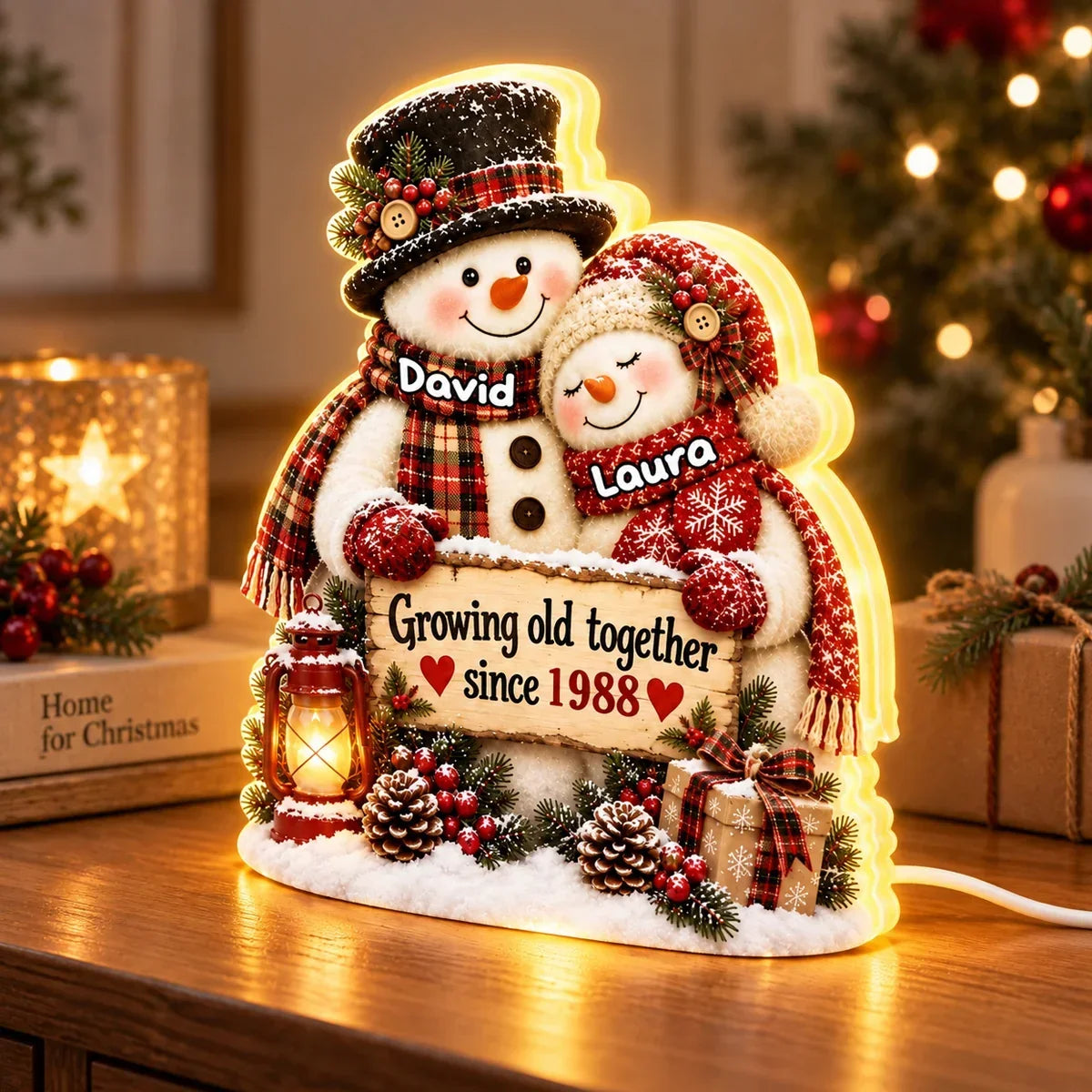 Personalized Acrylic Light Box Hugging Snowman Gift for Couple