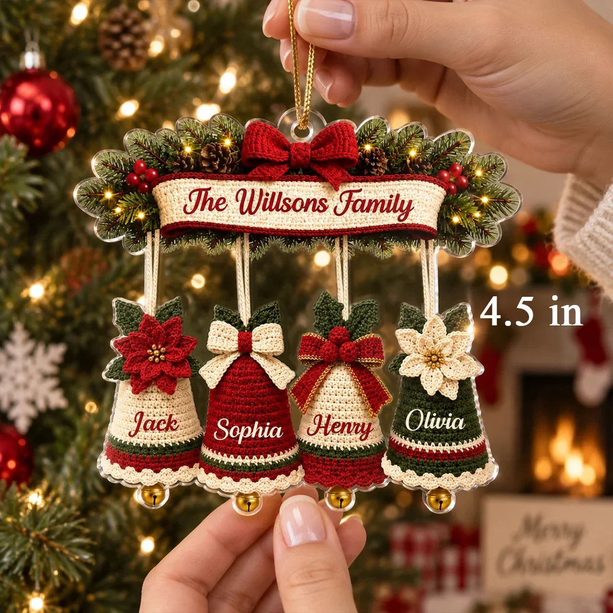 Personalized Family Christmas Ornament Custom Bells Red Green
