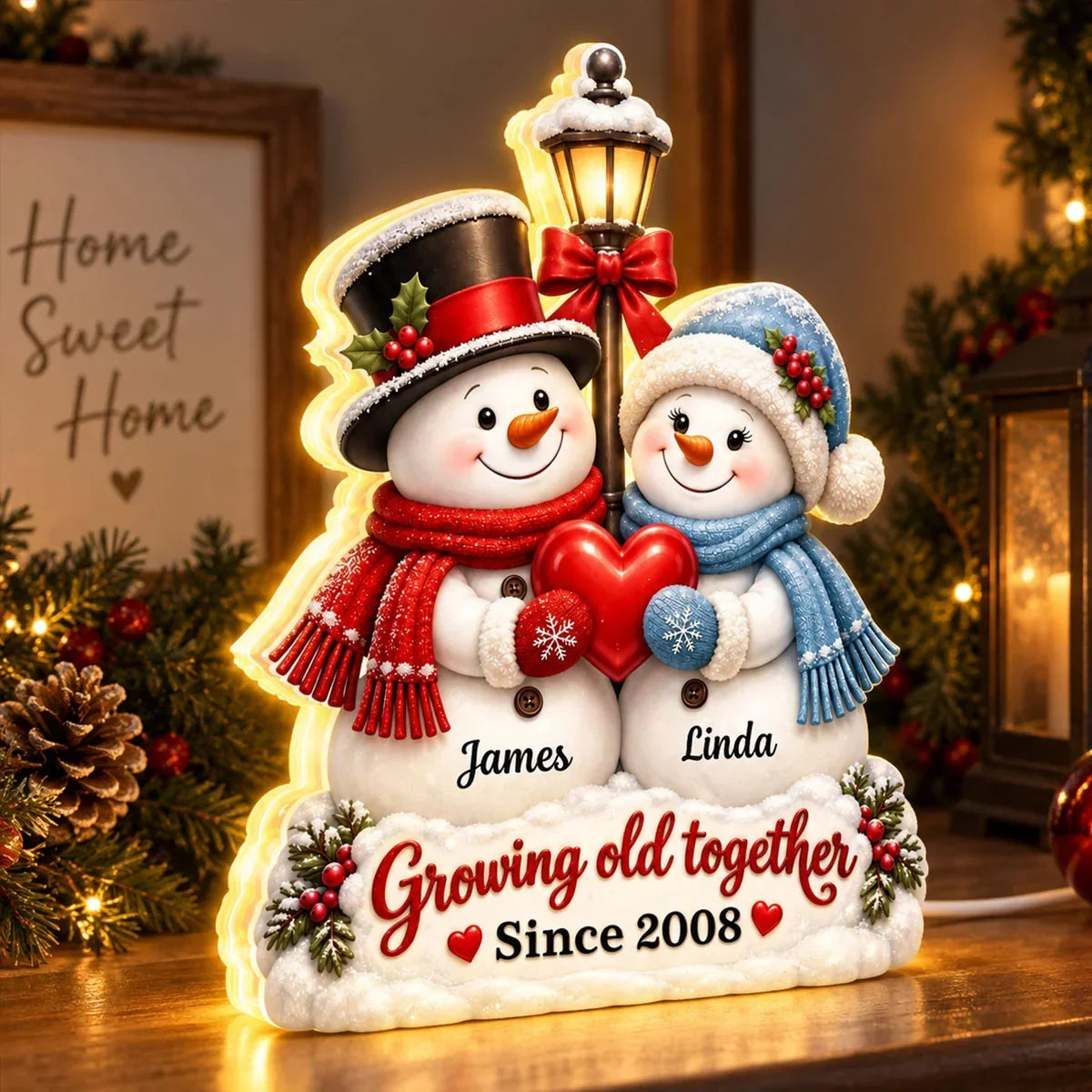 Personalized Acrylic Light Box Custom Snowmen Heart Gift for Couple