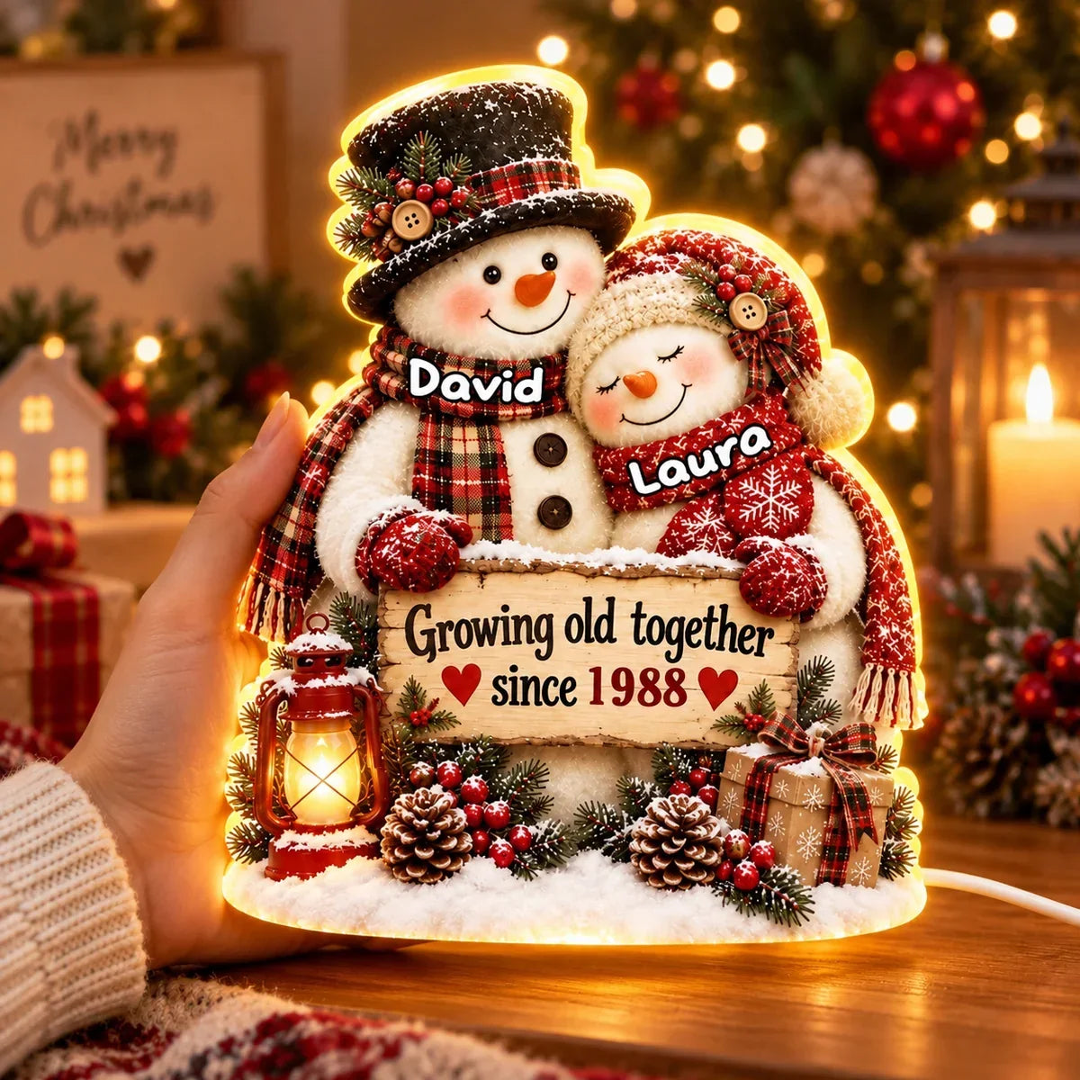 Personalized Acrylic Light Box Hugging Snowman Gift for Couple