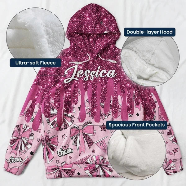 Personalized Youth Flannel Hoodie with Glitter Cheer Design Gift for Cheerleaders