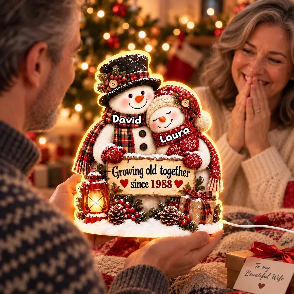 Personalized Acrylic Light Box Hugging Snowman Gift for Couple