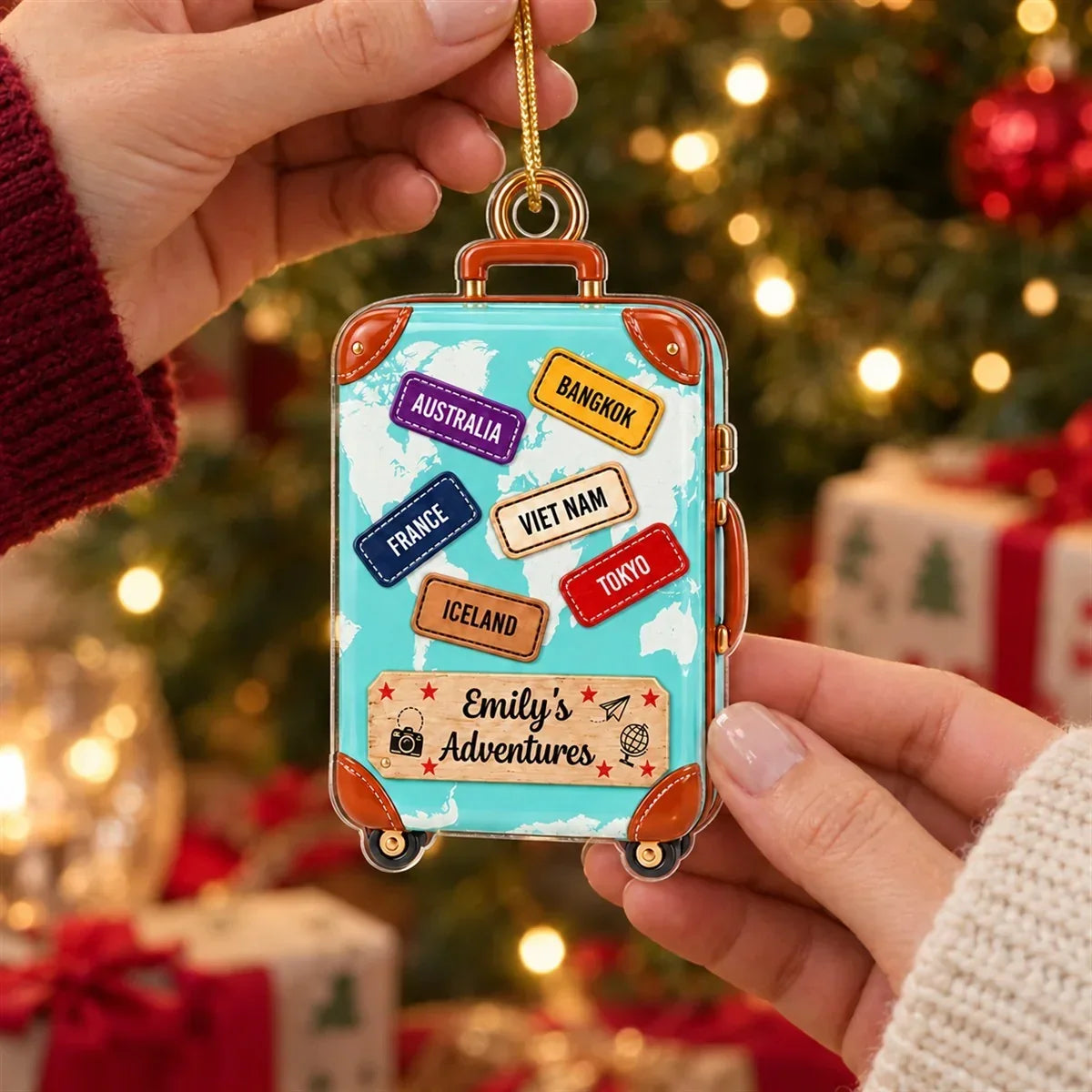 Personalized Turquoise Suitcase Ornament Travel Gift for Adventurers