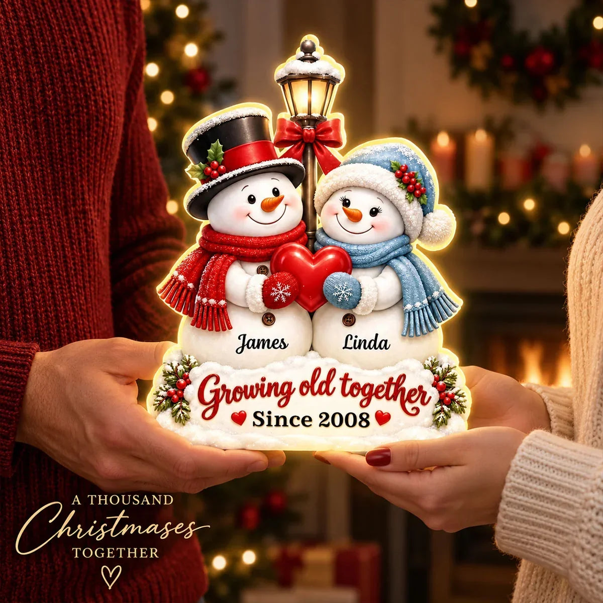 Personalized Acrylic Light Box Custom Snowmen Heart Gift for Couple