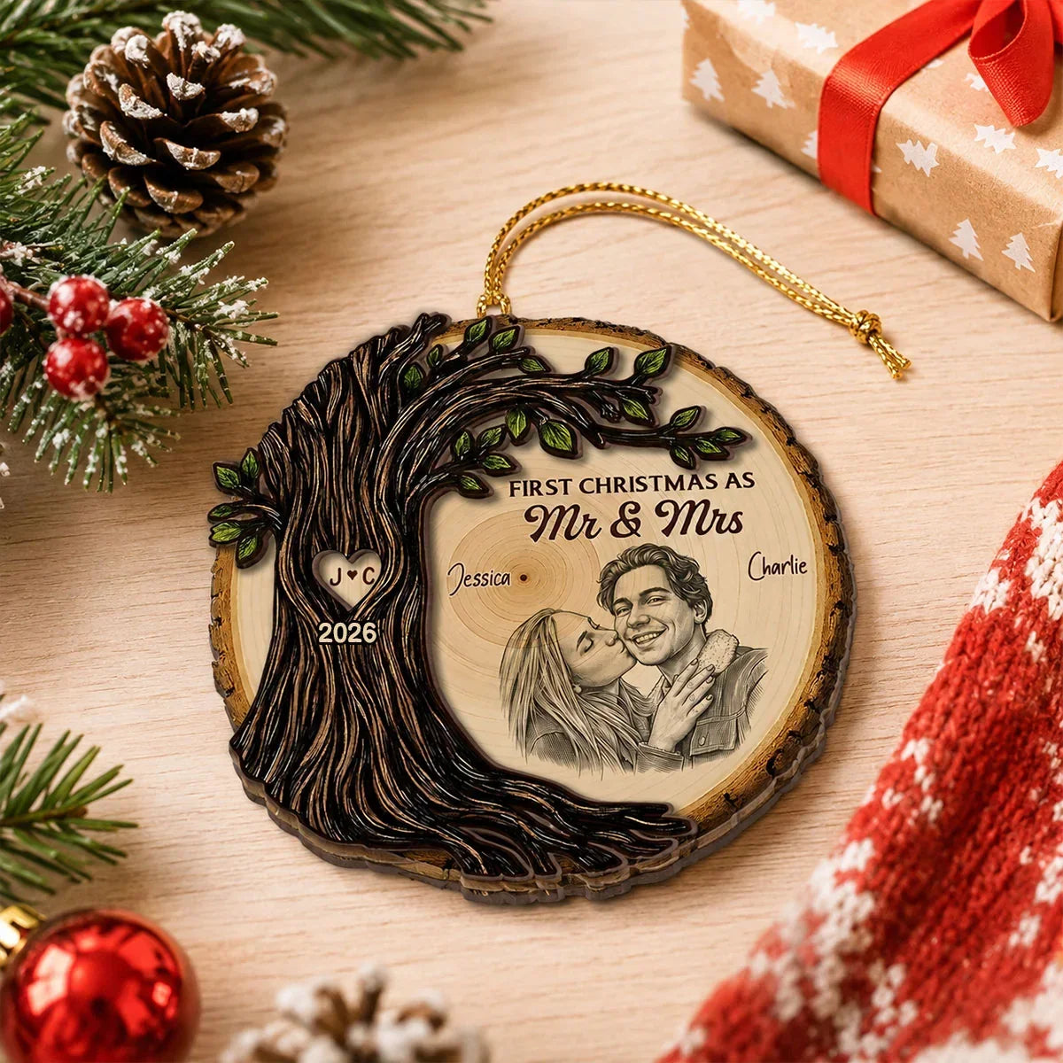 Personalized 2-Layer Wooden Ornament First Christmas Gift for Couples