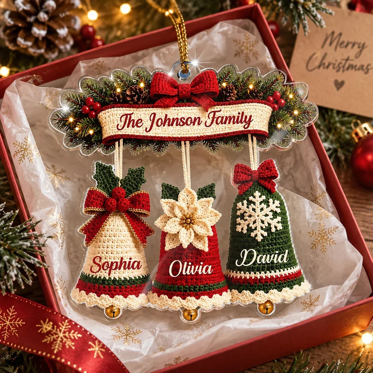 Personalized Family Christmas Ornament Custom Bells Red Green