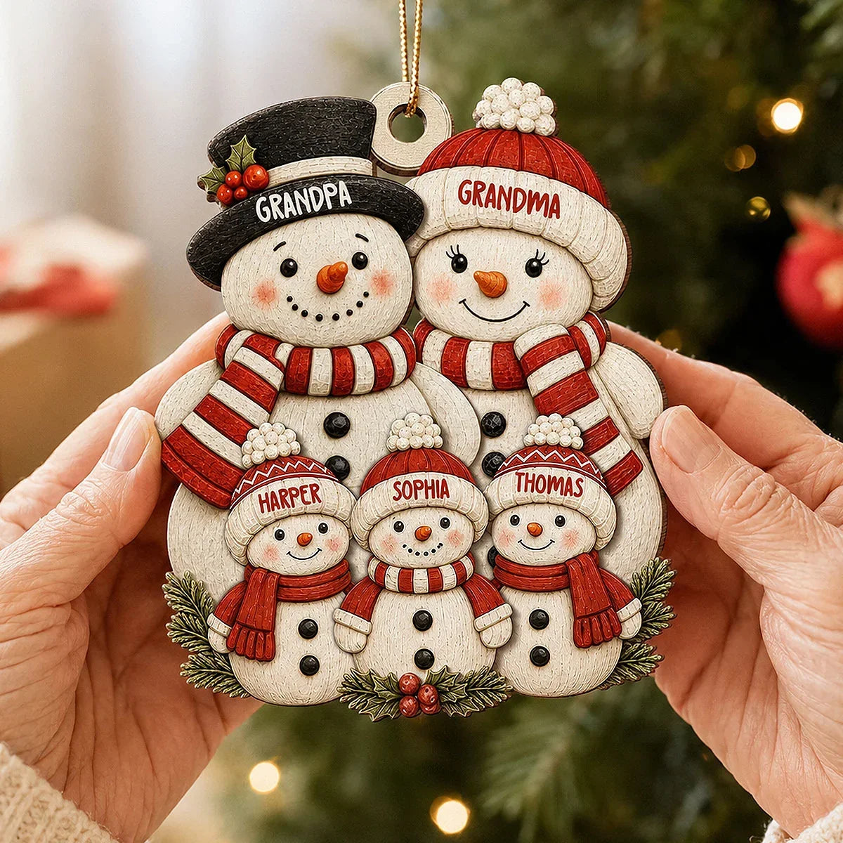Personalized Wooden Snowman Ornament for Grandparents Family Gift