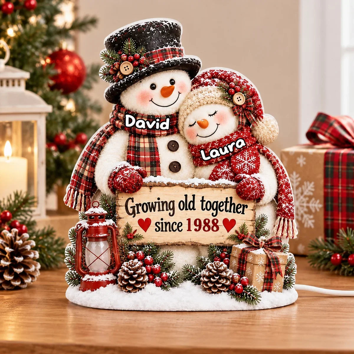 Personalized Acrylic Light Box Hugging Snowman Gift for Couple