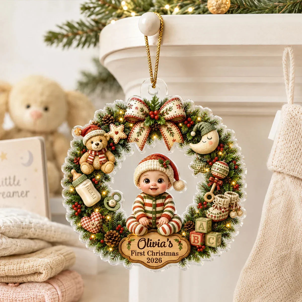 Personalized Acrylic Christmas Ornament Cute Baby Wreath Gift for New Parents
