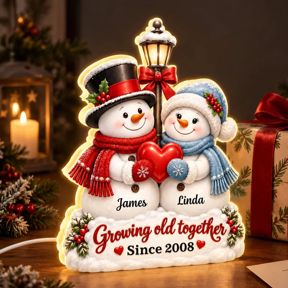 Personalized Acrylic Light Box Custom Snowmen Heart Gift for Couple