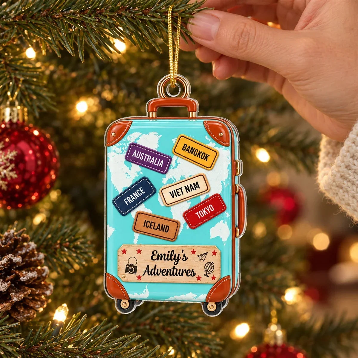 Personalized Turquoise Suitcase Ornament Travel Gift for Adventurers
