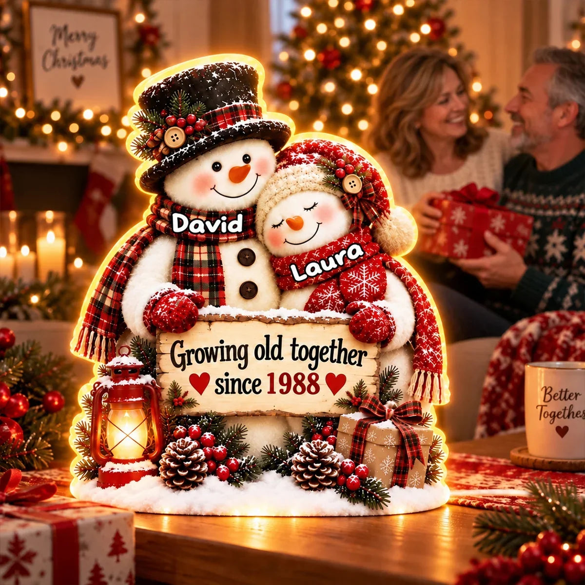 Personalized Acrylic Light Box Hugging Snowman Gift for Couple