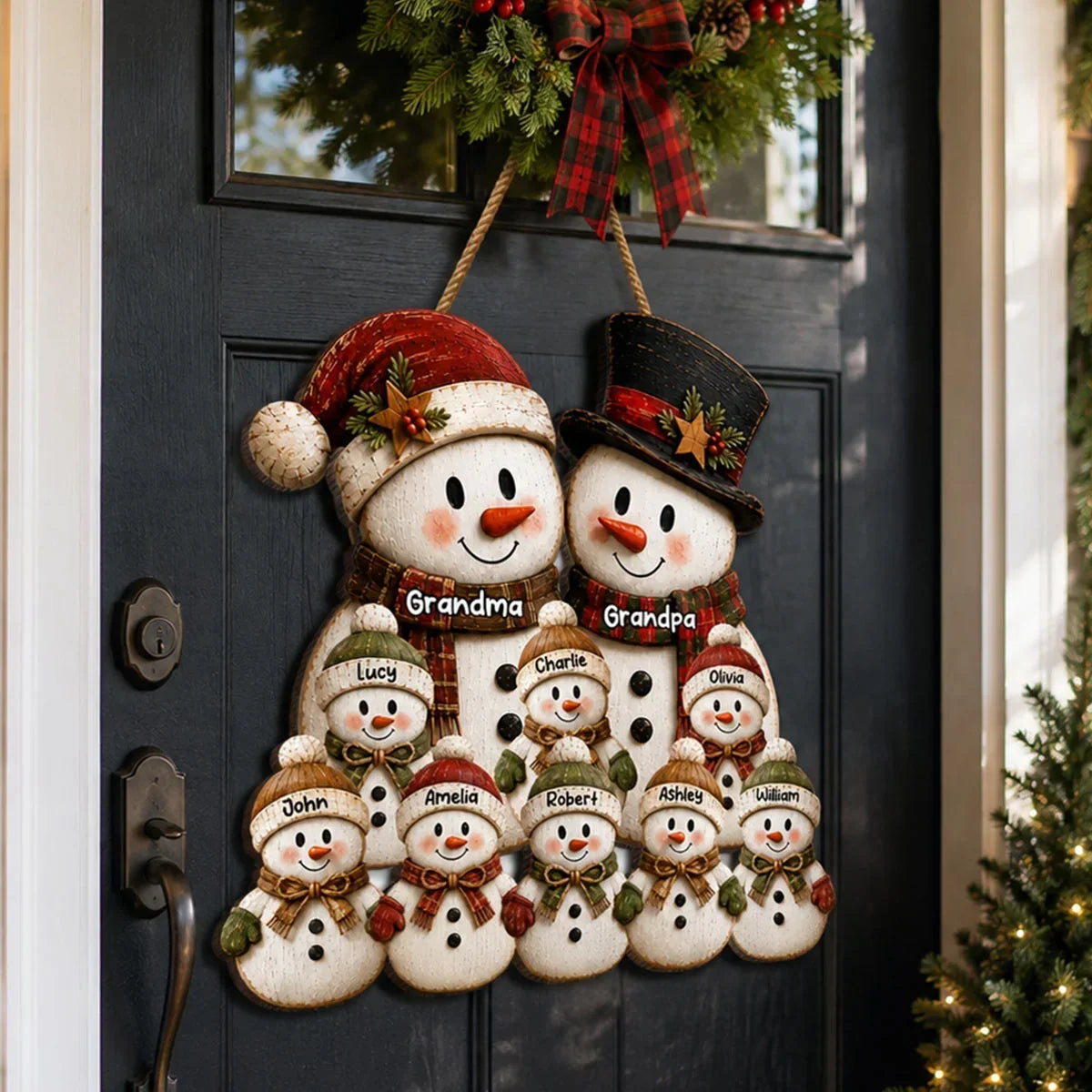 Personalized Wooden Sign Snowman Family Gift for Grandma & Grandpa