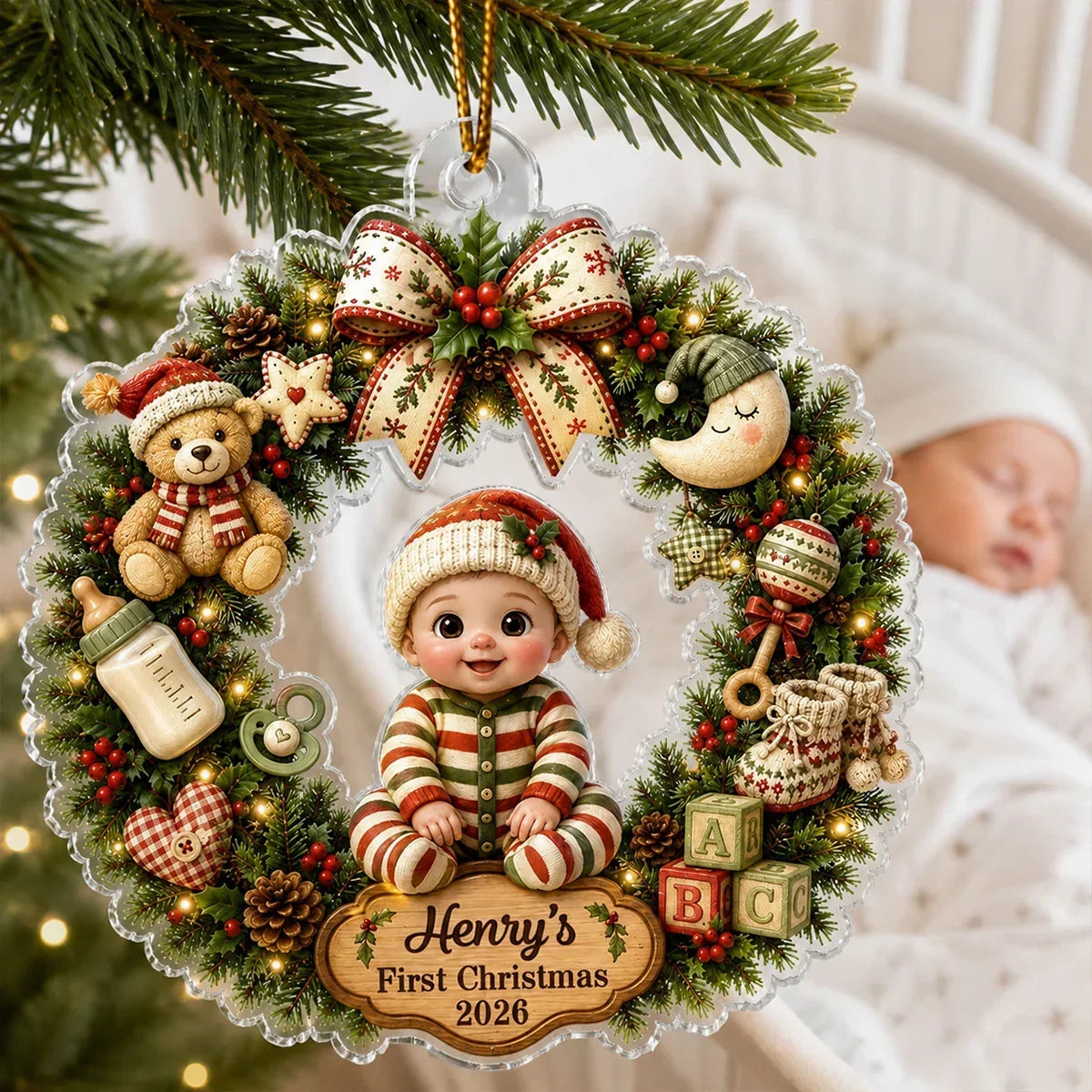 Personalized Acrylic Christmas Ornament Cute Baby Wreath Gift for New Parents