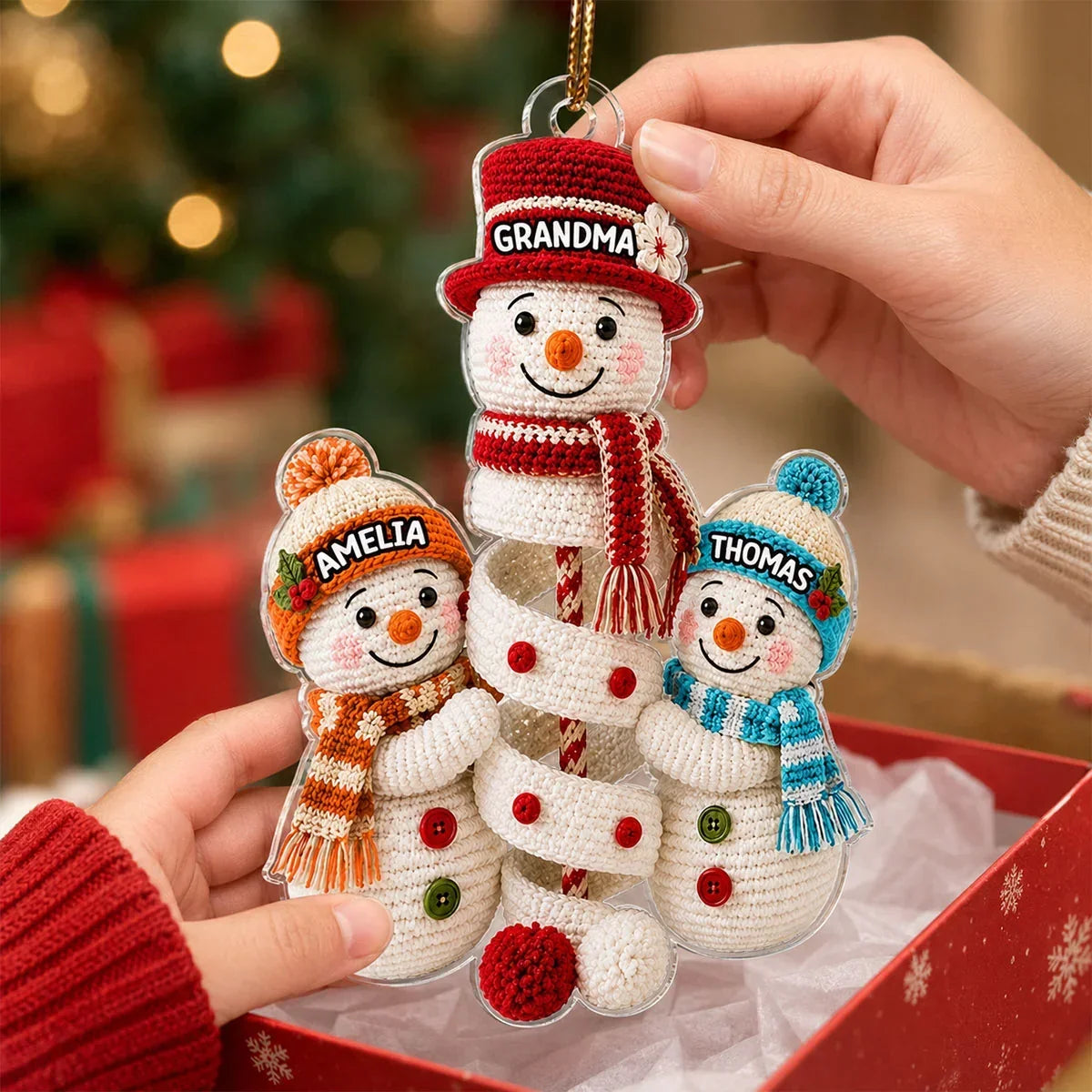 Personalized Acrylic Ornament Snowman Family Scene Gift for Grandma